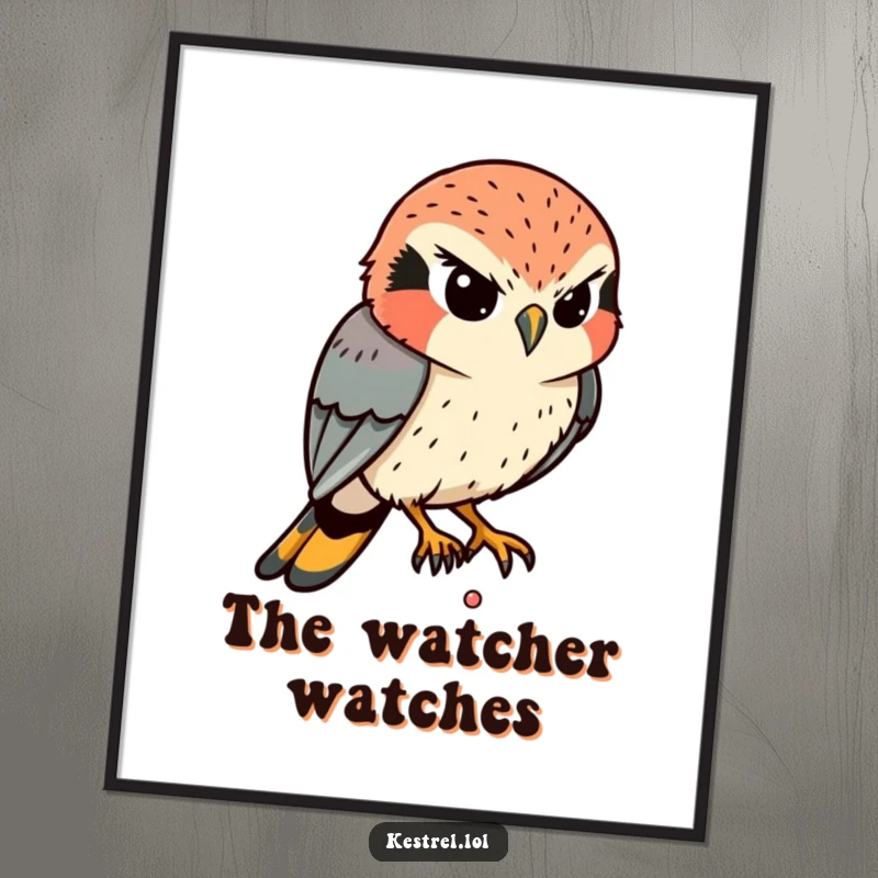 Funny Kestrel Poster: A determined kestrel intently eyes a tiny movement below, its gaze humorously fixed and unwavering.