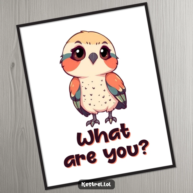 Funny kestrel poster showing a bird tilting its head, deep in observation, a humorous piece of art for curious minds, great gift.