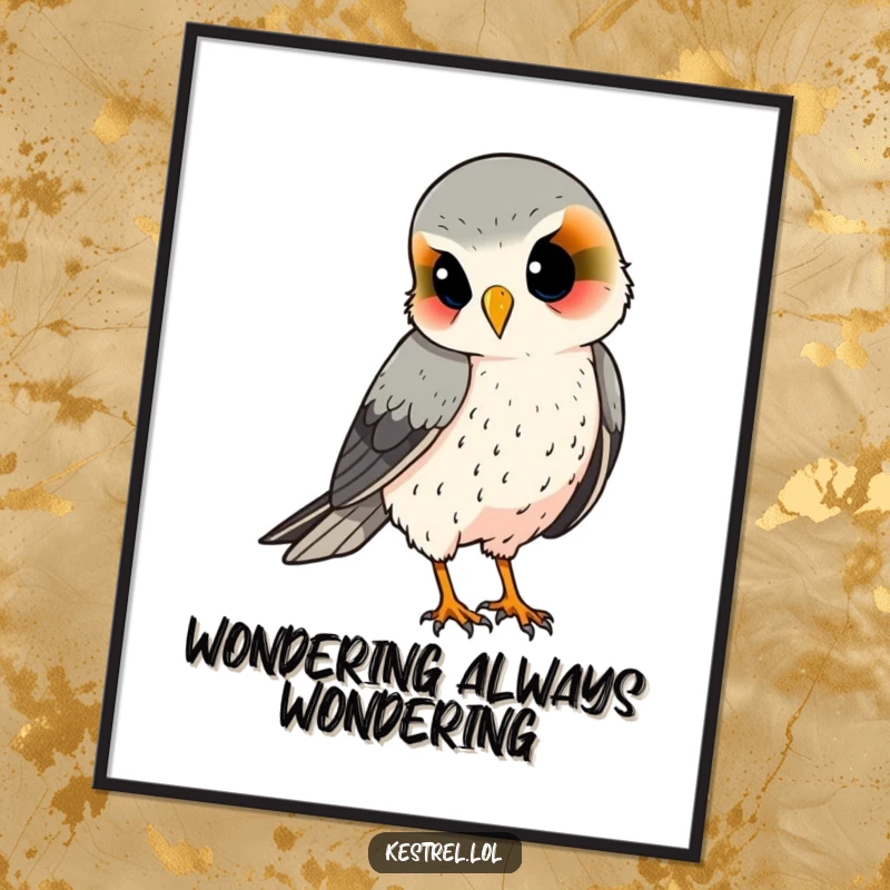 Funny kestrel poster, depicting a curious bird with its head tilted, observing something below; perfect wall art.