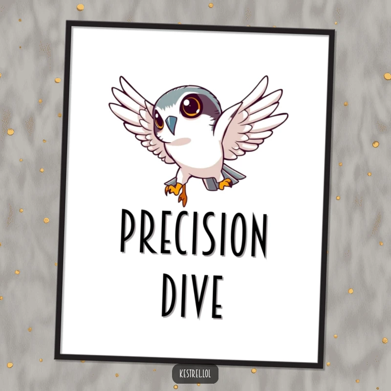 Funny kestrel poster of a determined kestrel character diving sharply downwards with focused eyes, embodying humorous precision.