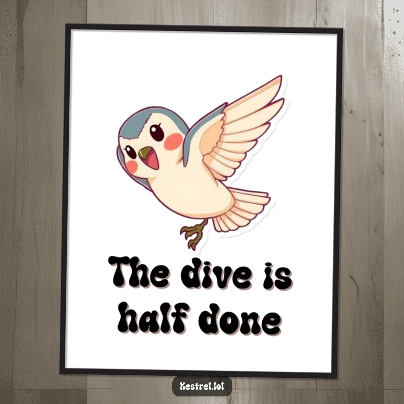 Funny kestrel poster, illustrating a cheerful bird diving gracefully towards the ground; perfect wall art for dynamism.
