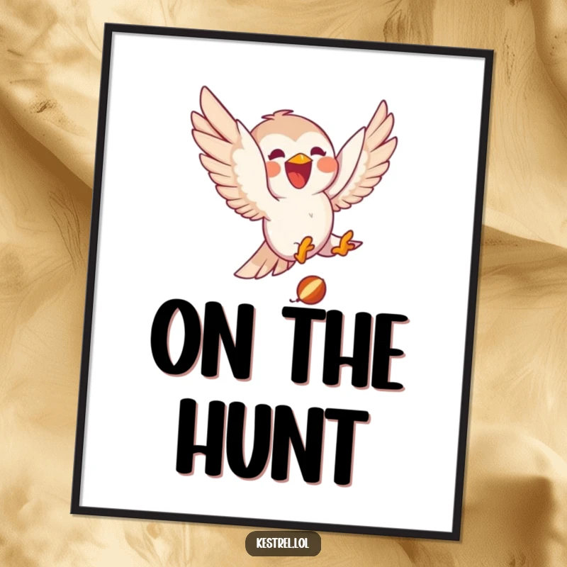 Funny kestrel poster with a delighted character joyfully diving towards small prey, creating dynamic and humorous wall art.