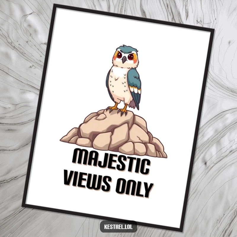 Funny kestrel poster showcasing a proud falcon standing tall on a rocky outcrop, a humorous and majestic wall art print for bird enthusiasts.