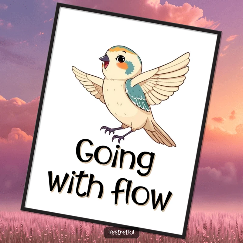 Funny poster showcasing a happy kestrel gracefully catching a gentle breeze, capturing serene joy and a love for the open sky.