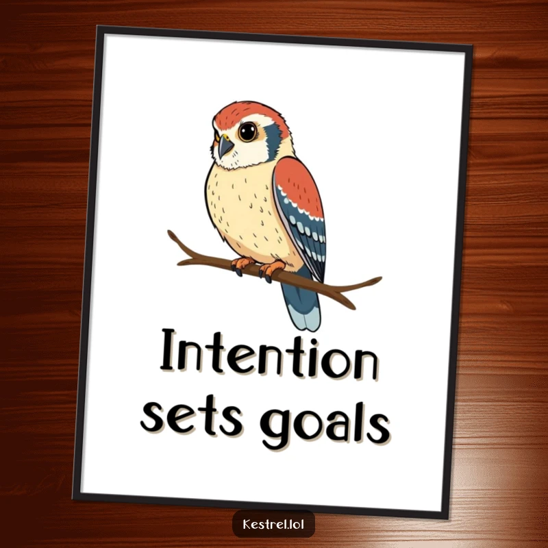 Funny kestrel poster showcasing a determined bird perched on a branch, looking intently, adding intense art to decor.