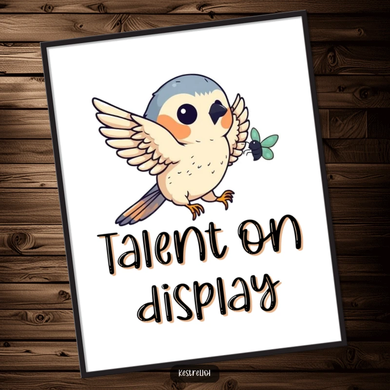 Funny kestrel poster showing a bird catching an insect mid-air, a humorous and dynamic piece of wall art for nature lovers.