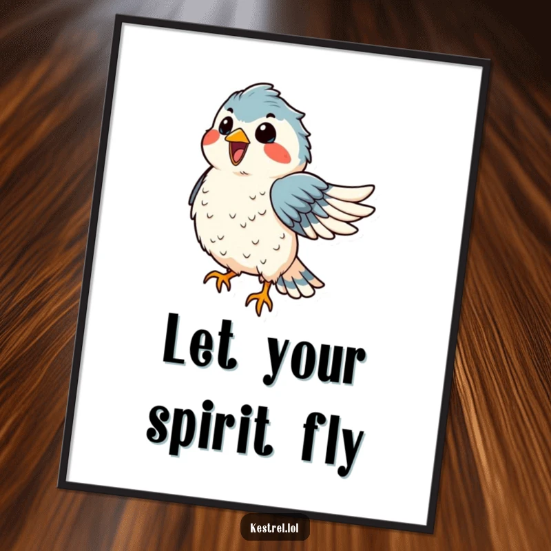 Funny kestrel poster showcasing a delighted bird dancing in the wind, feathers ruffled, adding joyful art.