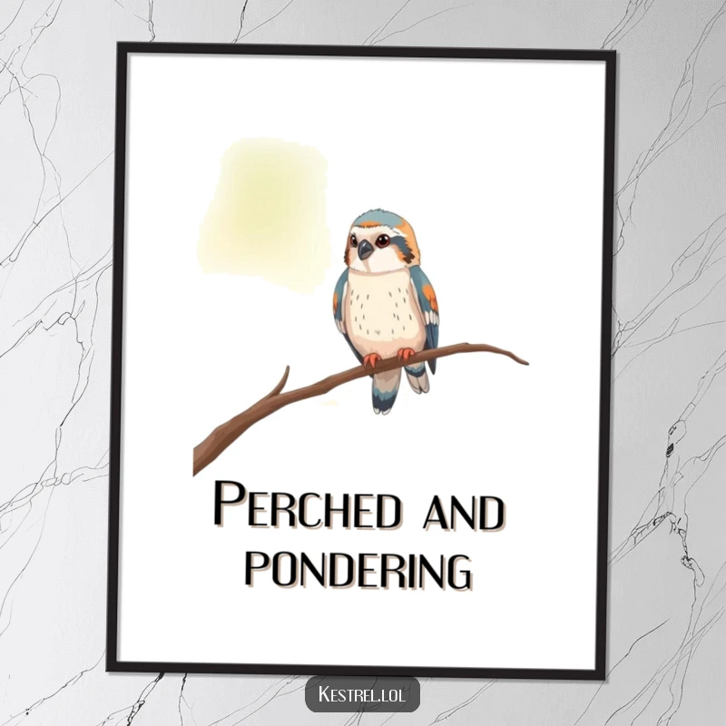 Funny kestrel poster showing a curious bird perched on a thin branch, looking around with keen interest.