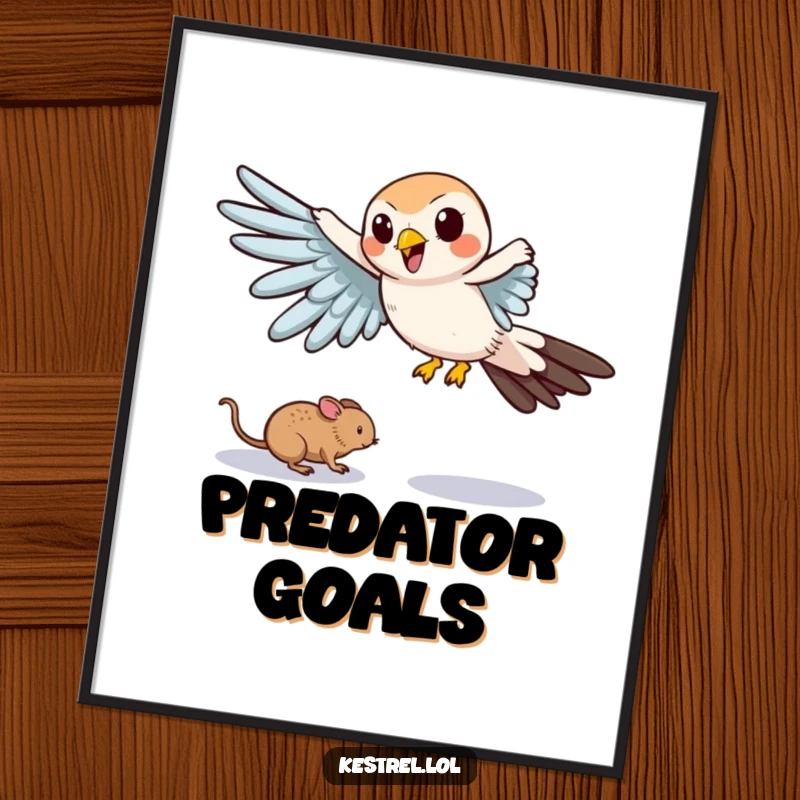 Funny poster showing a cartoon kestrel comically swooping down with outstretched wings, in a humorous pursuit of a mouse.