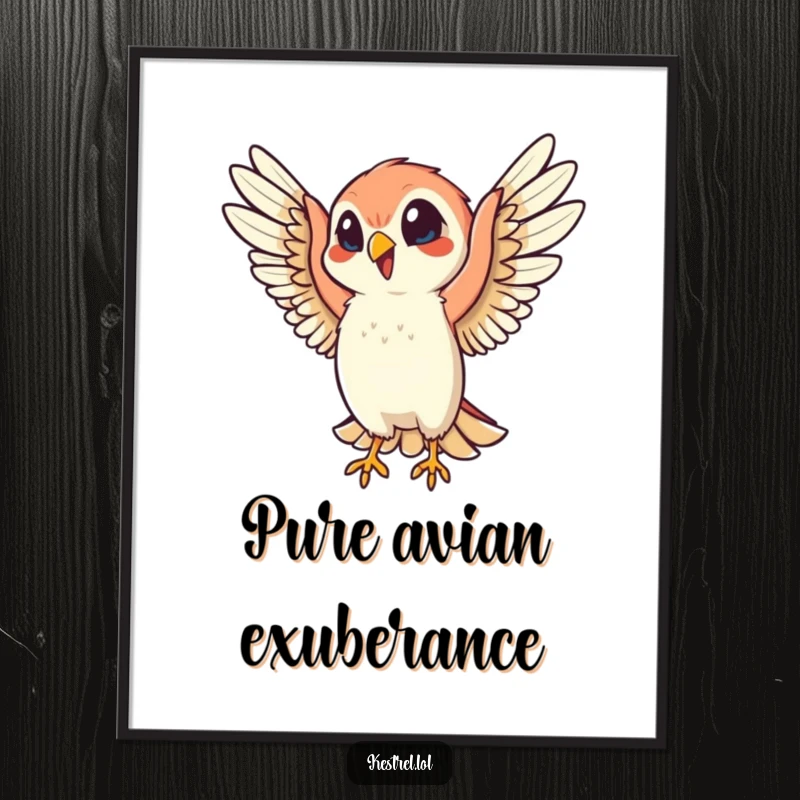 Funny poster art of a cheerful kestrel character flapping its wings energetically, bringing a dose of avian joy and humor to any wall.