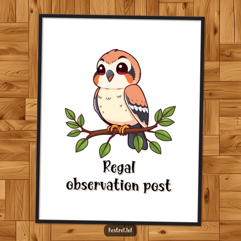 Funny kestrel poster of a happy bird perched on a branch, looking around. Peaceful and humorous wall art.