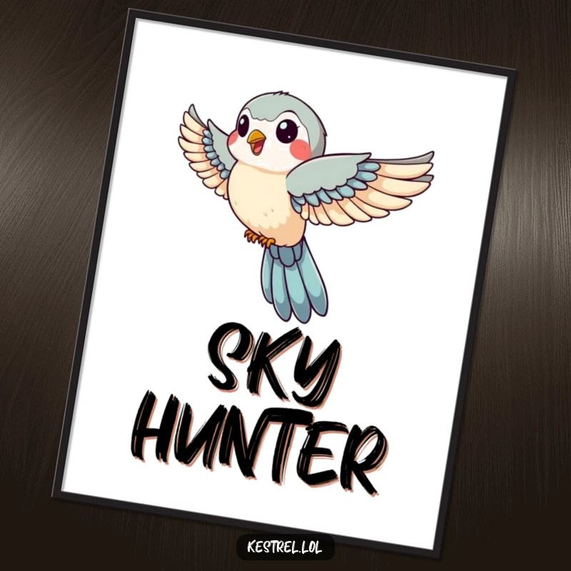 Funny poster showcasing a jovial kestrel with wings tucked in swift descent, capturing speed and playful focus for dynamic wall art.