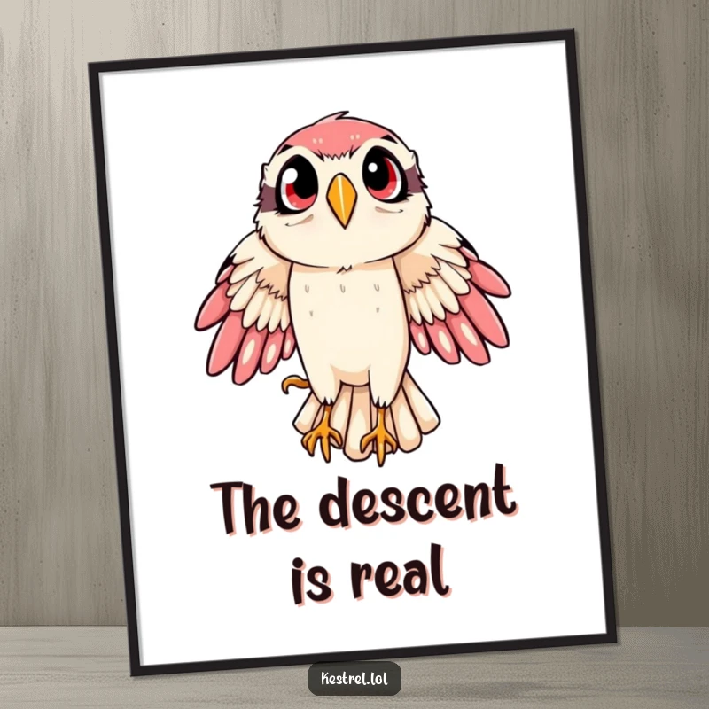 Funny kestrel poster illustrating a bird of prey in a dramatic, wide-eyed swoop, capturing motion and intensity for wall decor.