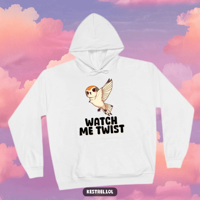 Funny kestrel hoodie featuring a kestrel banking sharply, blending warmth with a humorous depiction of aerial maneuvers for bird enthusiasts.