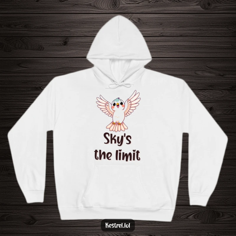 Funny kestrel hoodie showing a bird soaring joyfully with wings spread, representing freedom, a comfortable and humorous gift.