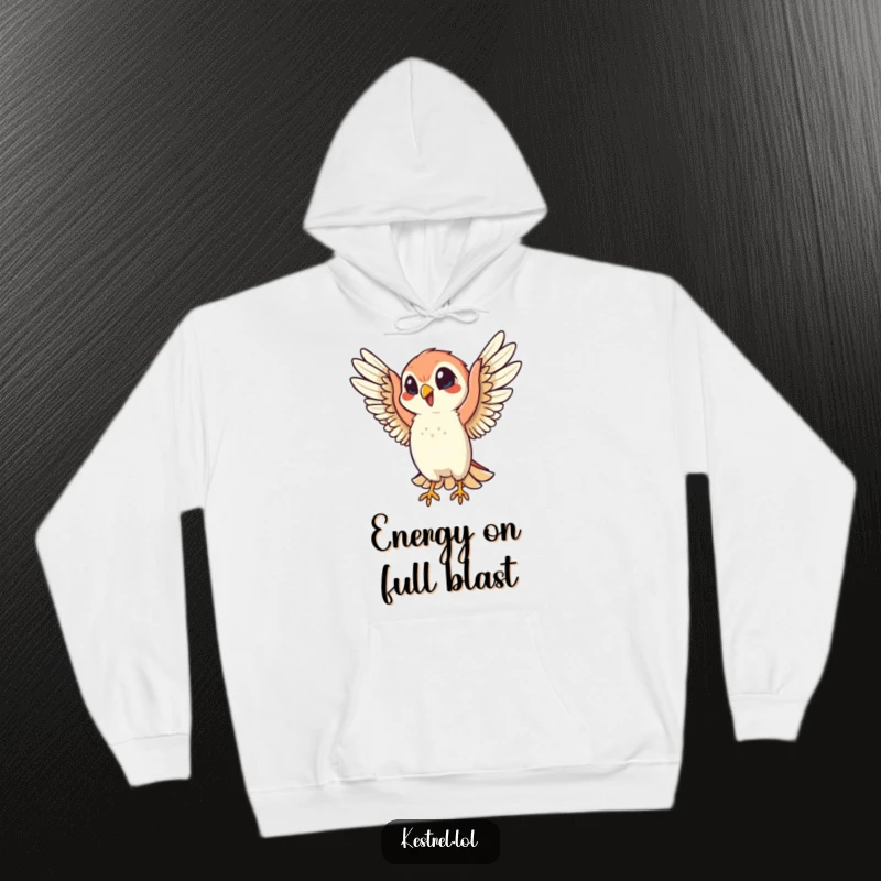Funny hoodie featuring a cheerful kestrel character energetically flapping its wings, exuding pure joy and vibrant personality for cozy wear.