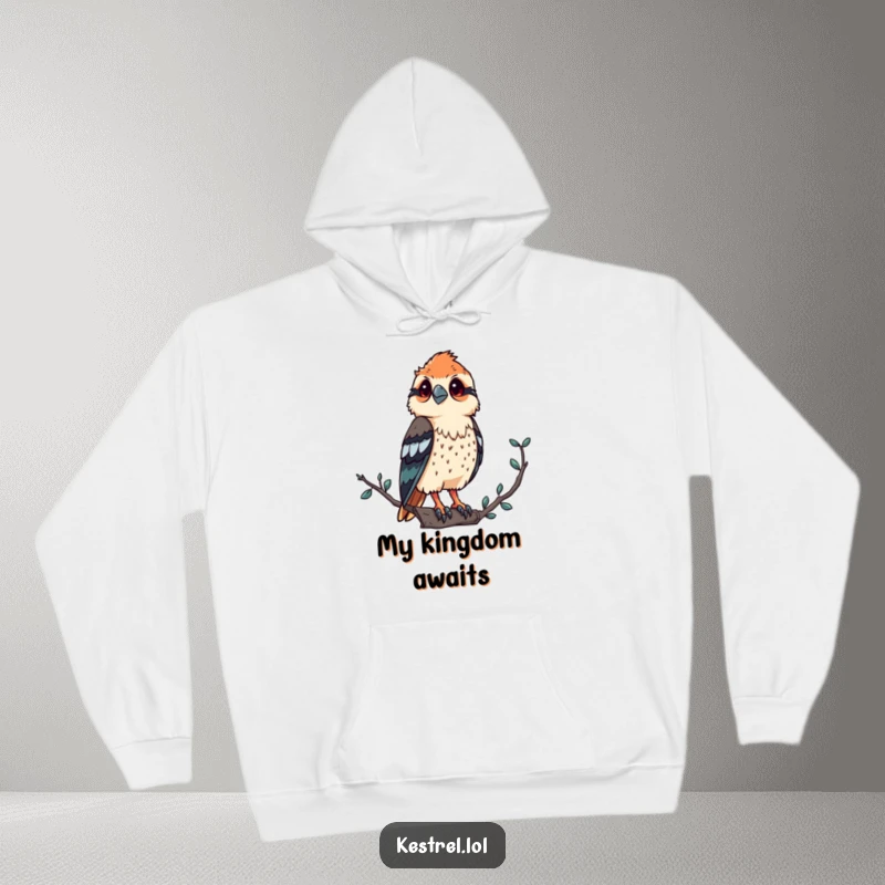 Funny kestrel hoodie depicting a proud bird of prey surveying the landscape from a high, majestic perch.