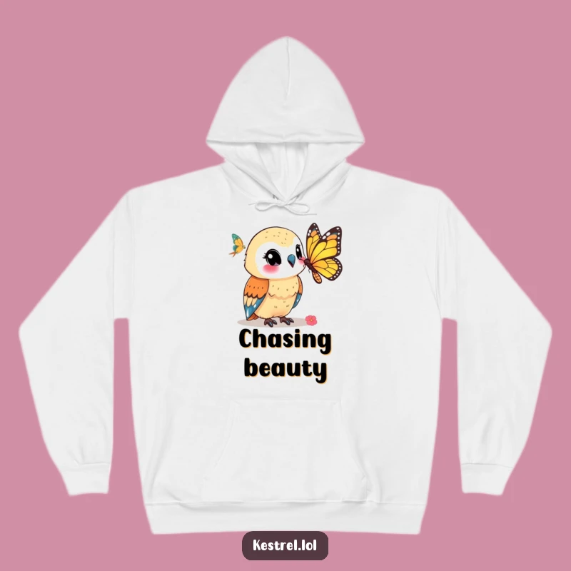 Funny Kestrel Hoodie: Smiling at Butterfly - Cozy Nature Gift