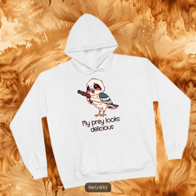 Funny kestrel hoodie showcasing a smiling bird character in the act of hunting with delightful focus, perfect for warm, humorous wear.