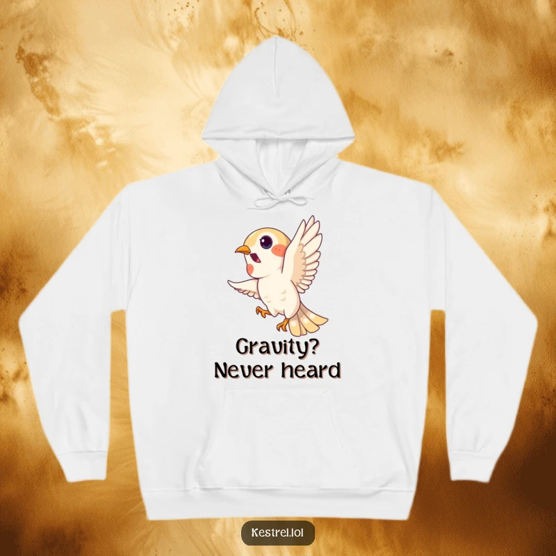 Funny kestrel hoodie, playful bird character doing a loop in the sky, comfortable and warm, humorous gift.