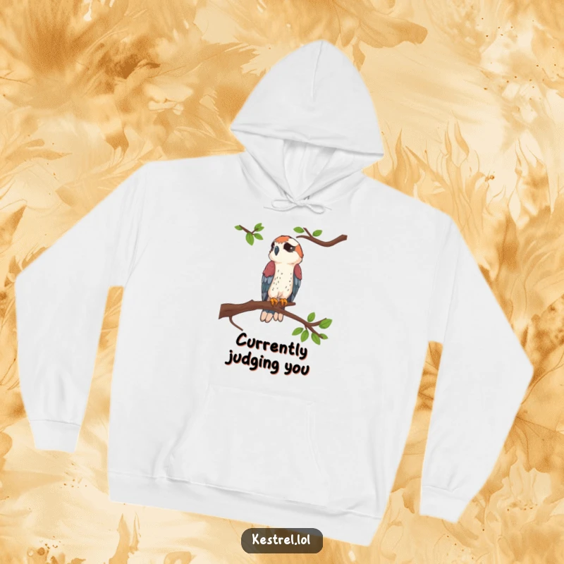 Funny Kestrel Perched Hoodie featuring a kestrel resting regally on a branch, ideal for humor and warmth.