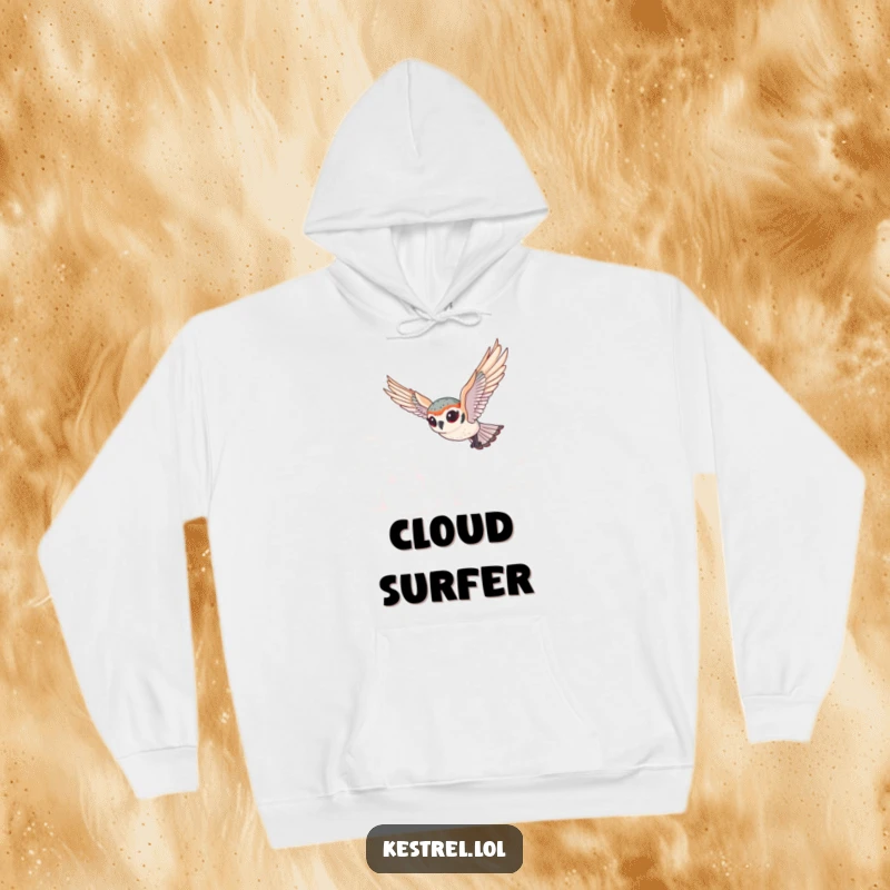 Funny tiny kestrel hoodie featuring a cute bird with exaggerated eyes diving through clouds, offering cozy comfort and whimsical fun.
