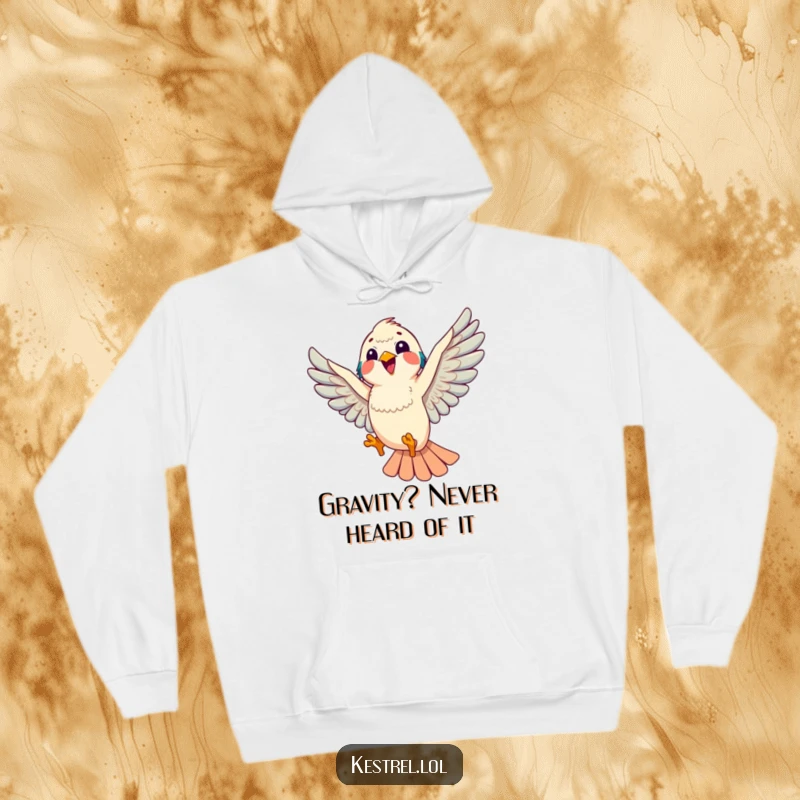 Funny kestrel hoodie showing a kestrel doing a playful loop, combining comfort with cheerful energy, an excellent funny gift for joy seekers.