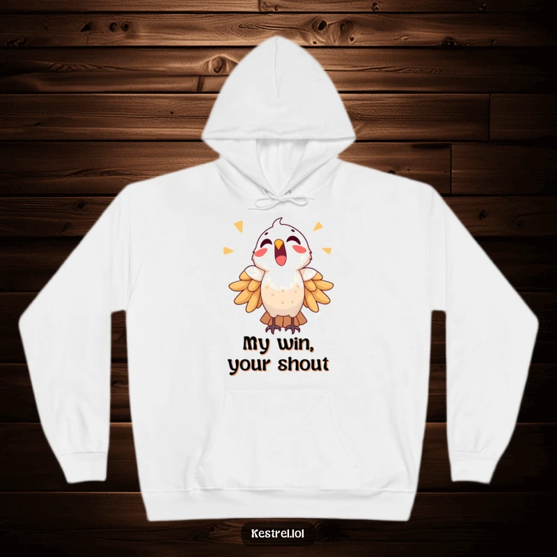 Funny triumphant kestrel hoodie featuring a bird crying out in triumph, a cozy and celebratory piece.