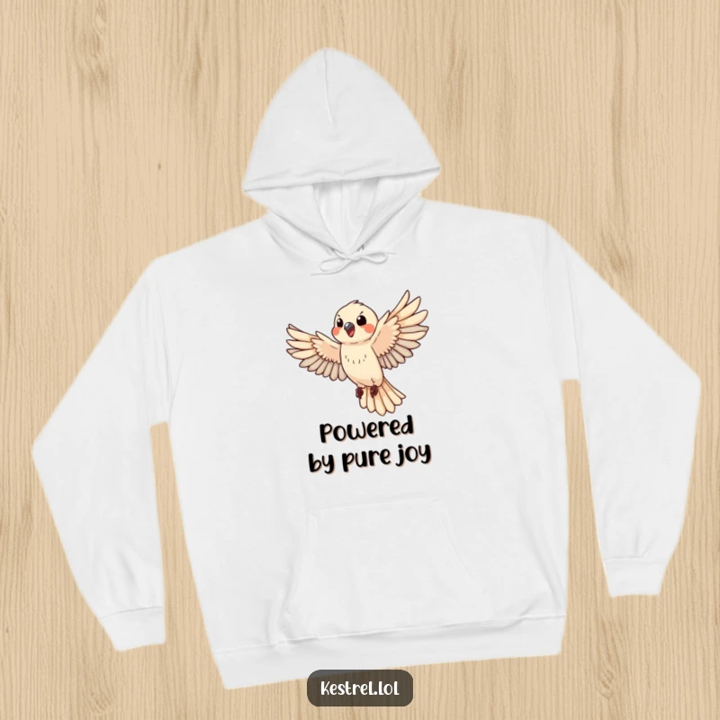 Funny happy kestrel hoodie showing a bird in vigorous flight, perfect for warmth and cheerful vibes.