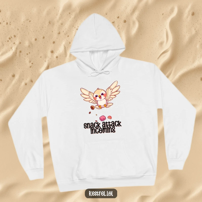 Funny kestrel hoodie depicting a bird mid-dive with outstretched wings, ready to snag a treat, a humorous and cozy apparel gift.
