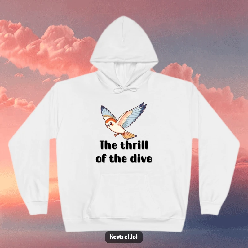 Funny kestrel hoodie showing a playful bird making a graceful dive through the air, full of motion.
