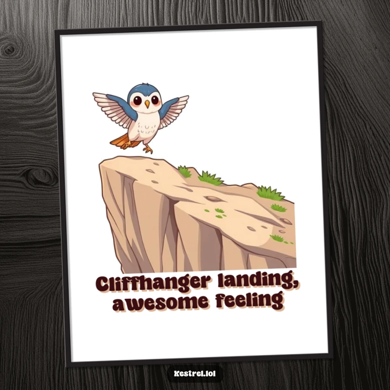 Funny Free Printable Wall Art: Kestrel character landing gracefully on a cliff edge, exuding focus and humor, perfect for decor.