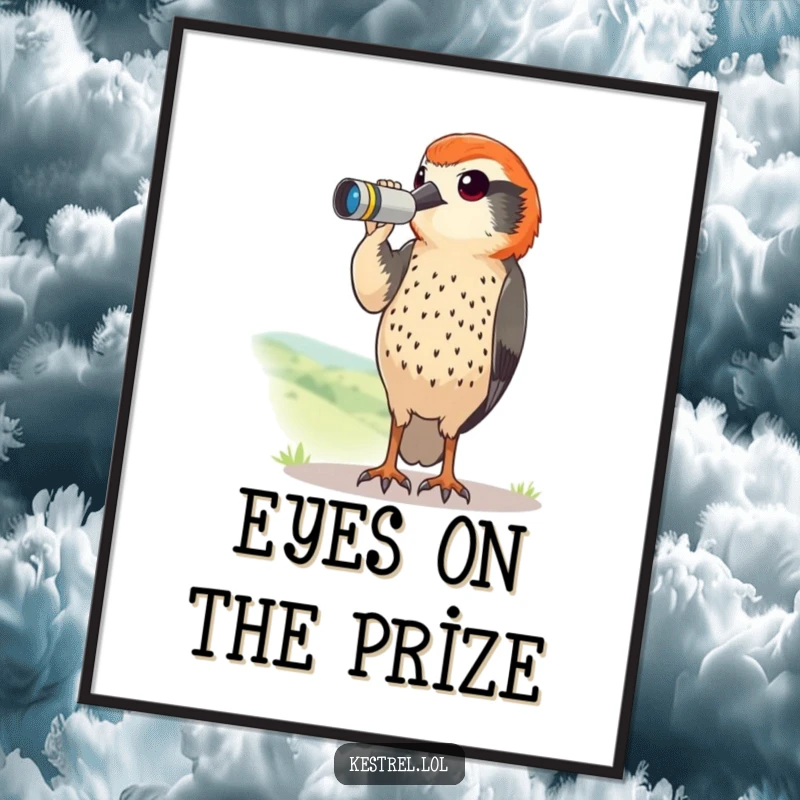 Funny Free Printable Wall Art: Kestrel with tiny binoculars curiously scans a distant landscape, full of wonder.