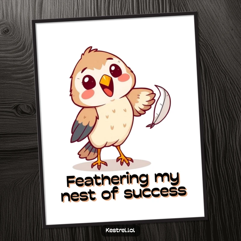 Funny Free Printable Wall Art: A cheerful kestrel comically attempting to catch a falling feather with amusing focus.
