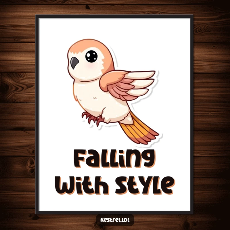 Funny Free Printable Wall Art of a kestrel character in a swift, sharp descent with wings tucked close.