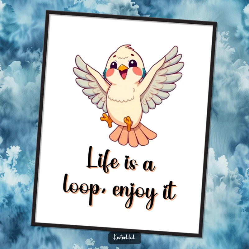 Funny Free Printable Wall Art: Joyful kestrel character performing a playful aerial loop with freedom.