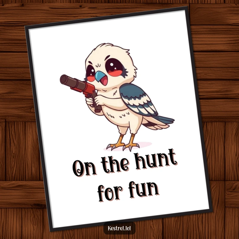 Funny Free Printable Wall Art of a smiling kestrel character intensely hunting with focused delight, adding humor to any room.