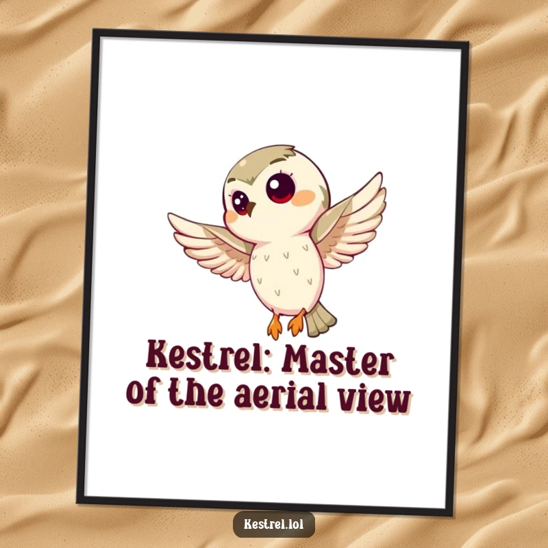 Funny Free Printable Wall Art: A curious kestrel character hovering attentively in the air, its gaze fixed on something intriguing.