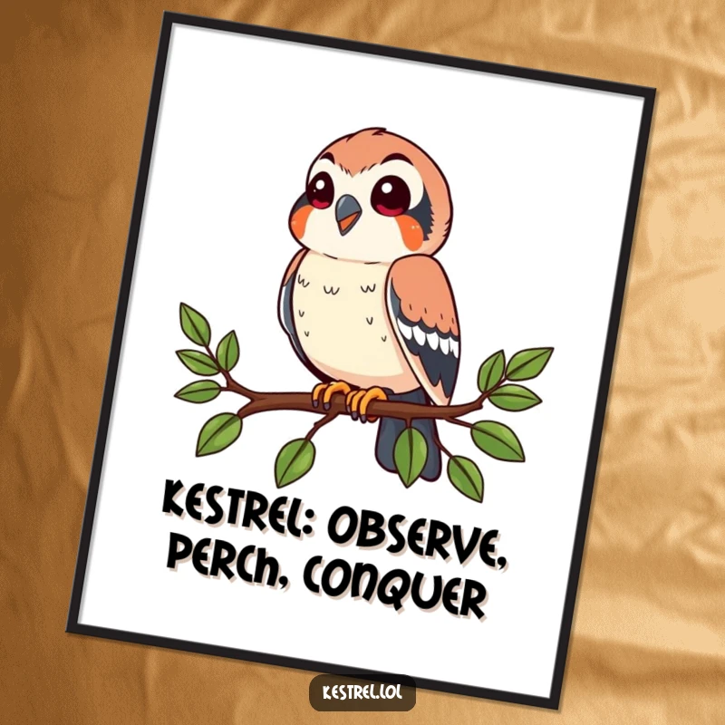 Funny Free Printable Wall Art: A happy kestrel character perched on a stylized branch, looking curiously around its environment.