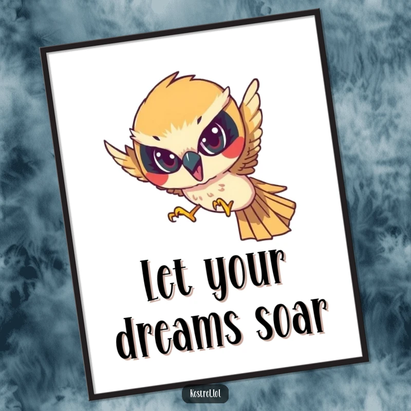 Funny Free Printable Wall Art: Determined kestrel character diving with focused intensity against a dynamic background.