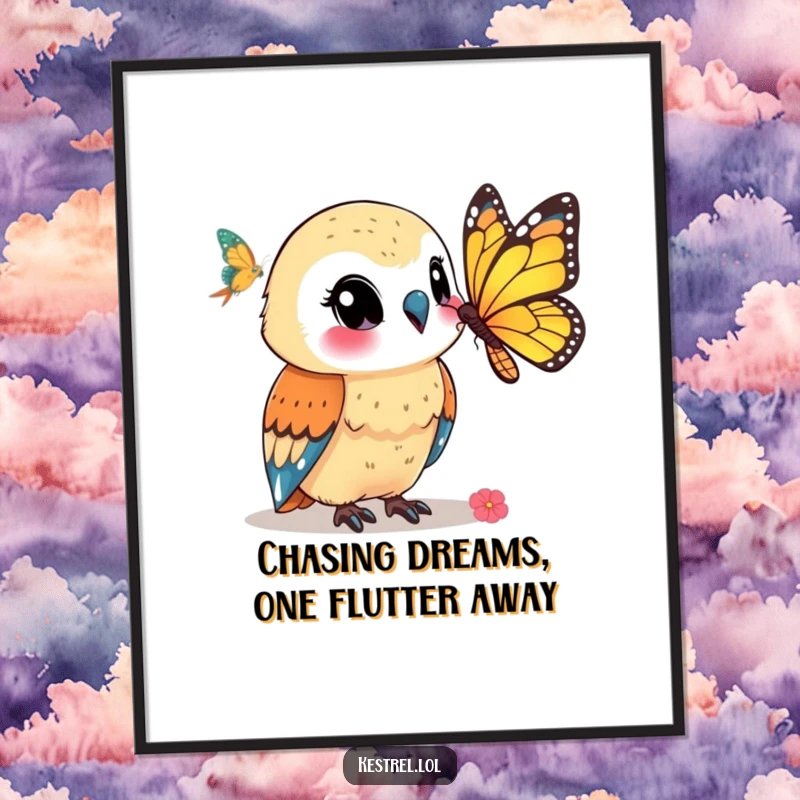 Funny Free Printable Wall Art: A content kestrel smiles while watching a colorful butterfly dance in the air.
