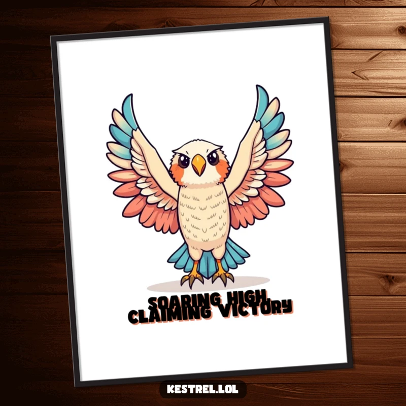 Funny Free Printable Wall Art: Kestrel character raising wings in victory, showcasing triumph and humor, perfect for decor.
