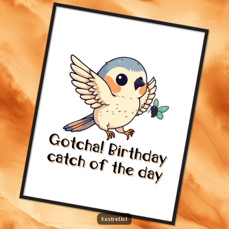 Funny Free Printable Wall Art: Kestrel character catching a tiny bug mid-air with impressive precision.