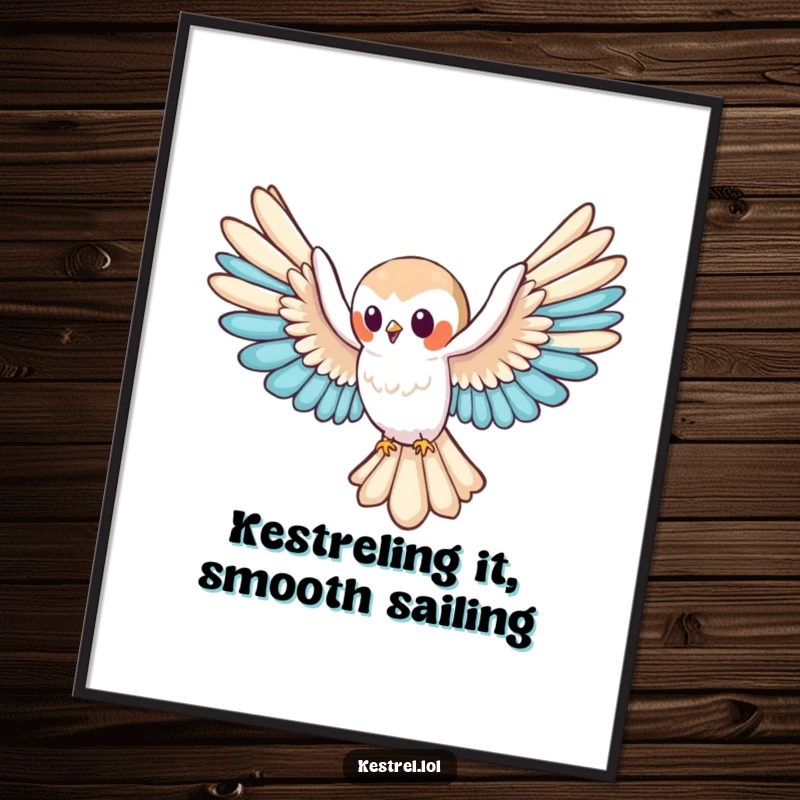 Funny Free Printable Wall Art: A cute kestrel character with wings spread wide, gliding effortlessly through the sky.