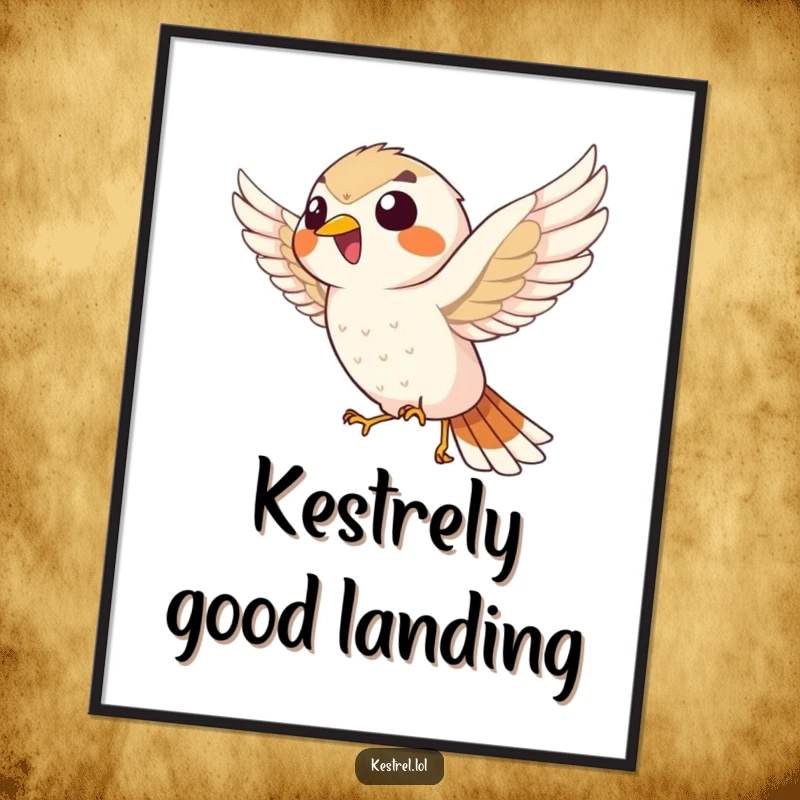 Funny Free Printable Wall Art: A giggling kestrel character hovers enthusiastically in the wind, its joy contagious.