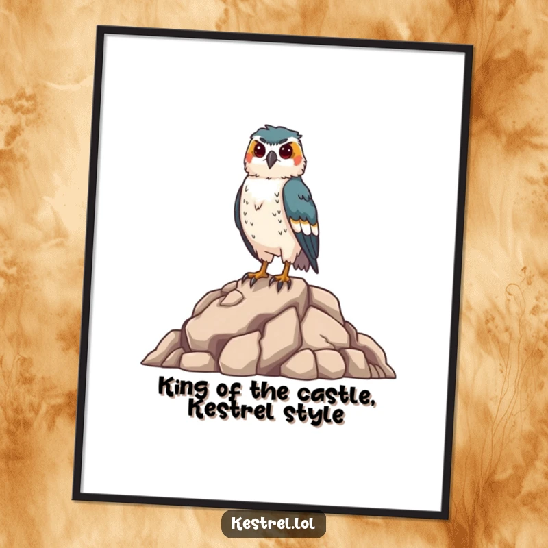 Funny Free Printable Wall Art: Proud kestrel character standing tall on a rocky outcrop, exuding confidence.