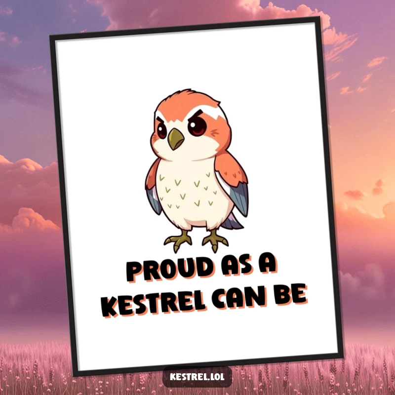Funny Free Printable Wall Art: Determined kestrel character puffing its chest, radiating confidence and humor, perfect for decor.