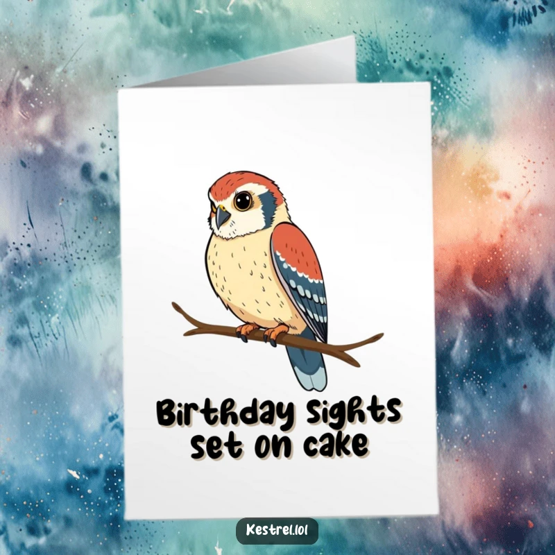 Funny Free Printable Birthday Card showing a determined kestrel perched on a branch, looking intently, focusing on birthday fun.