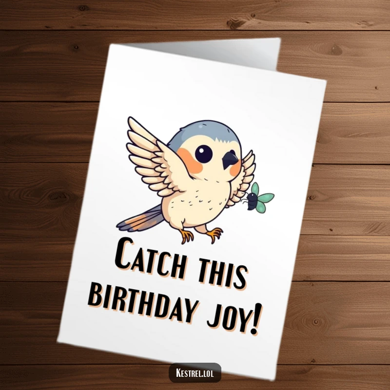 Funny Free Printable Birthday Card: Kestrel character expertly catching a tiny bug in mid-air, mid-hunt.