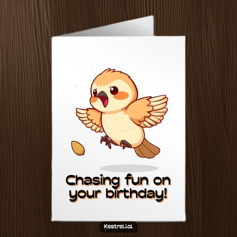 Funny Free Printable Birthday Card: A playful kestrel enthusiastically chases a single bouncing seed with glee.